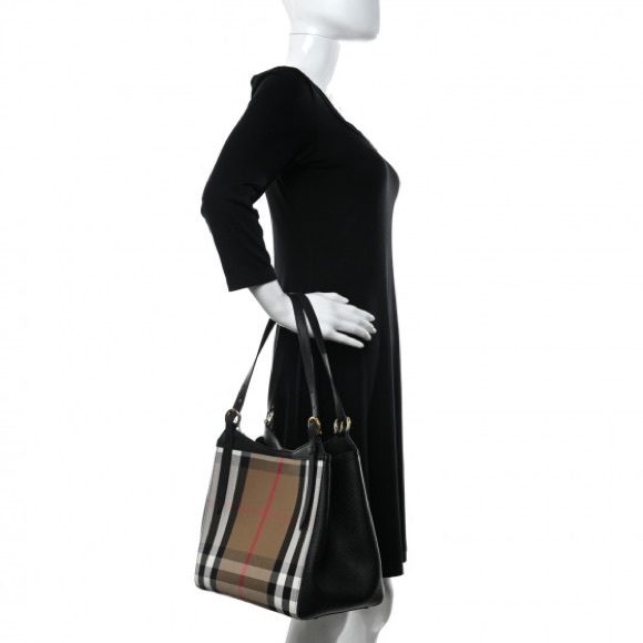 New Burberry Tote Canterbury House Check Derby Canvas Black Leather shou… - Picture 3 of 13